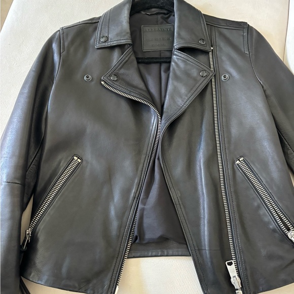 All Saints Black Leather Bomber Jacket with zippers - Picture 8 of 10